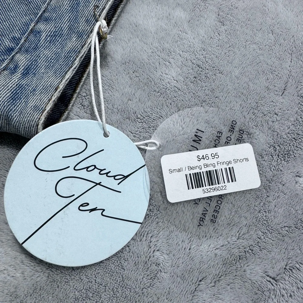 CLOUD TEN S BEING BLING FRINGE SHORTS CUFFED DENIM HI‎ WAIST RHINESTONES SEQUINS - Picture 6 of 8